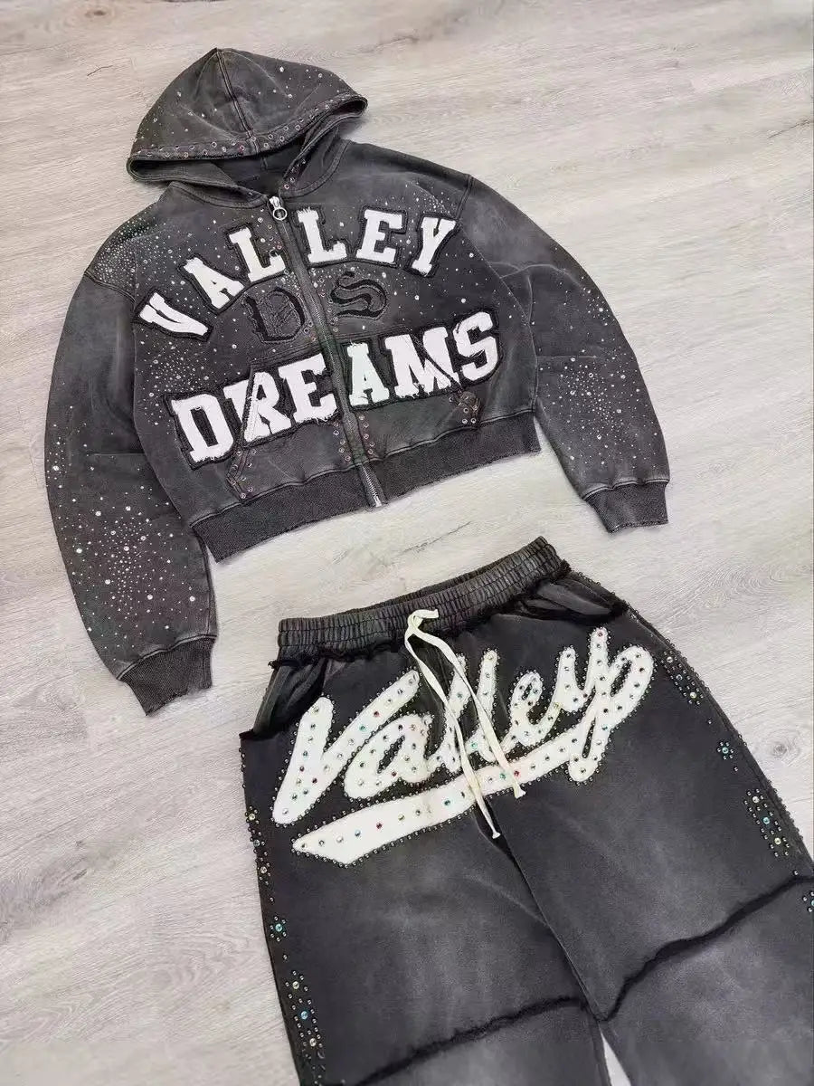 Y2K American Gothic Punk Sportswear Two Piece Set Unisex Hip Hop Rock Patch Print Loose Zip Hoodie Casual Sweatpants