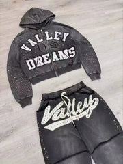 Y2K American Gothic Punk Sportswear Two Piece Set Unisex Hip Hop Rock Patch Print Loose Zip Hoodie Casual Sweatpants