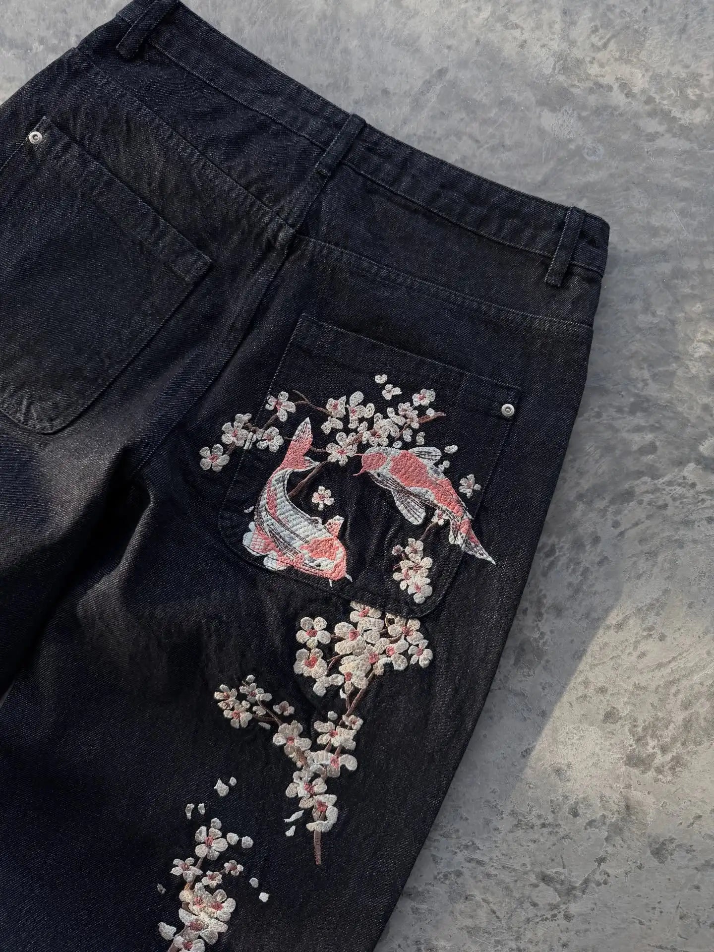 American Style Loose Jeans Gothic Punk Carp Cherry Blossom Embroidery Casual Straight Wide Leg Jeans Streetwear