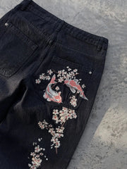 American Style Loose Jeans Gothic Punk Carp Cherry Blossom Embroidery Casual Straight Wide Leg Jeans Streetwear