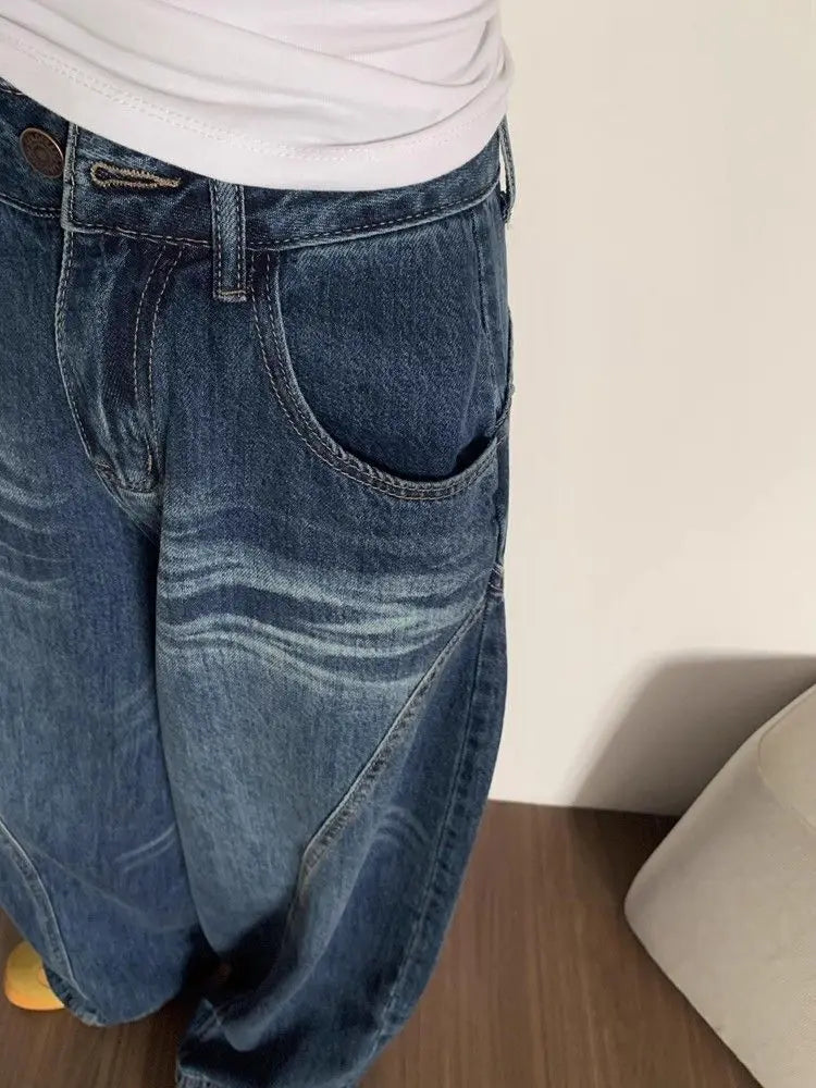 Blue High Street Wide Leg Jeans Loose Slimming Drapey Straight Floor-Length Pants Ladies Denim