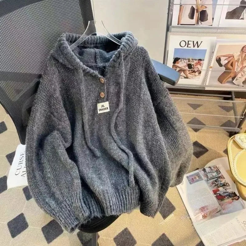 Pullovers Hooded Plus Velvet Thickening Button Design Tender Knitted Sweater All-match Casual Students Chic