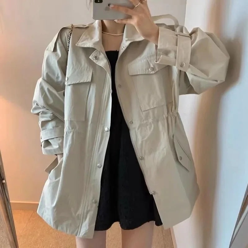 Korean Chic Vintage Lapel Zipper Style Windbreaker Polyester Fiber Full Sleeve Versatile Slimming Pleated Waist