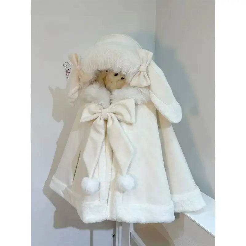 Lolita Shawl Overcoat Design Bow Hooded Patchwork Kawaii Cope Coat Warm Chic Sweet Christmas Coat