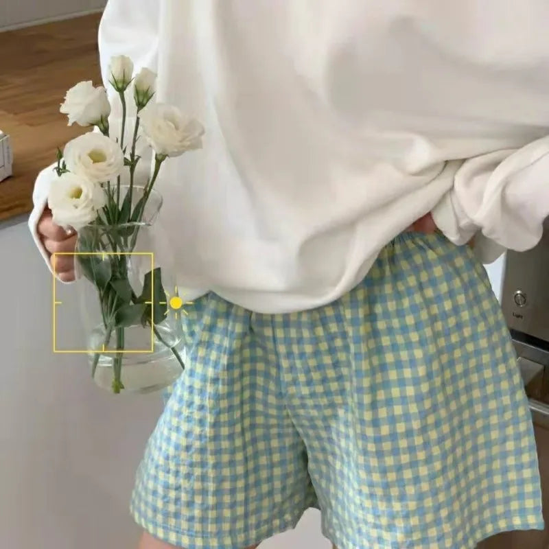 Loose Plaid Shorts Ins Style Shorts High Waist Slimming Wide Legs Casual Home Pants Outdoor Wearing Walking Shorts