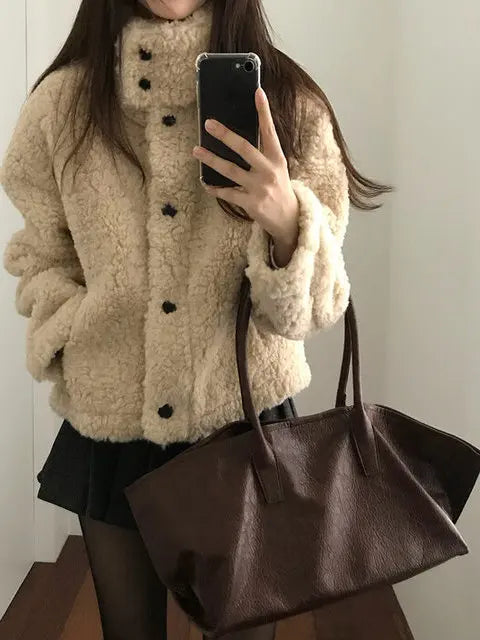 American Loose Short Lamb Wool Jacket High Street Lambswool Jacket Coat Jackets
