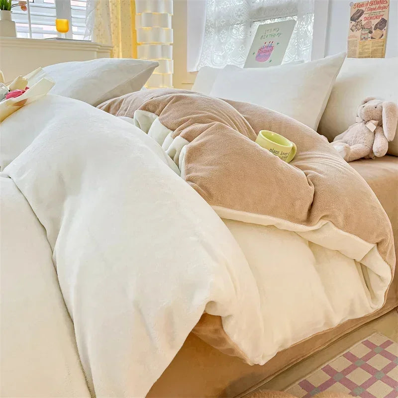 Simple Milk Fleece Warm Duvet Cover Set 220x240 Soft Fluffy Queen Bedding Set Plush Warmth Blanket Cover Sets Cozy
