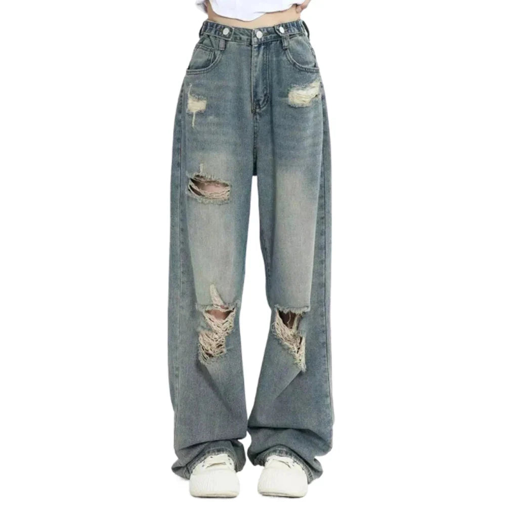 American Vintage Hole Y2k Jeans High Waist Jeans Wide Leg Baggy Loose Straight Hip Hop Streetwear Dragging Denim Pants