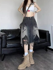 American High Street Washed Gradient Ripped Retro Old Size Denim Loose Shorts baggy jeans women