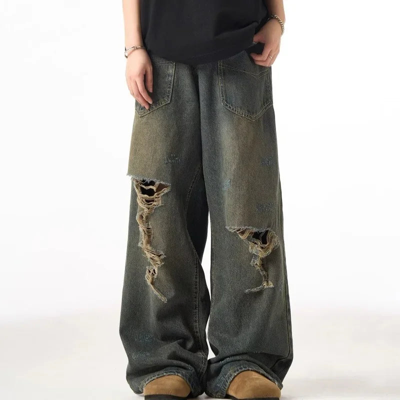 American Retro Ripped Wide-leg Jeans
