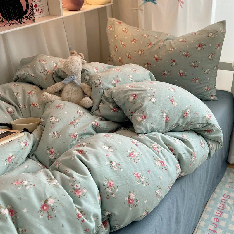 Bedding Set Double Layered Yarn INS Girls Mushroom Soft Washed Cotton Bed Sheet Queen King Size Duvet Set Pillowcase Bed Sheet