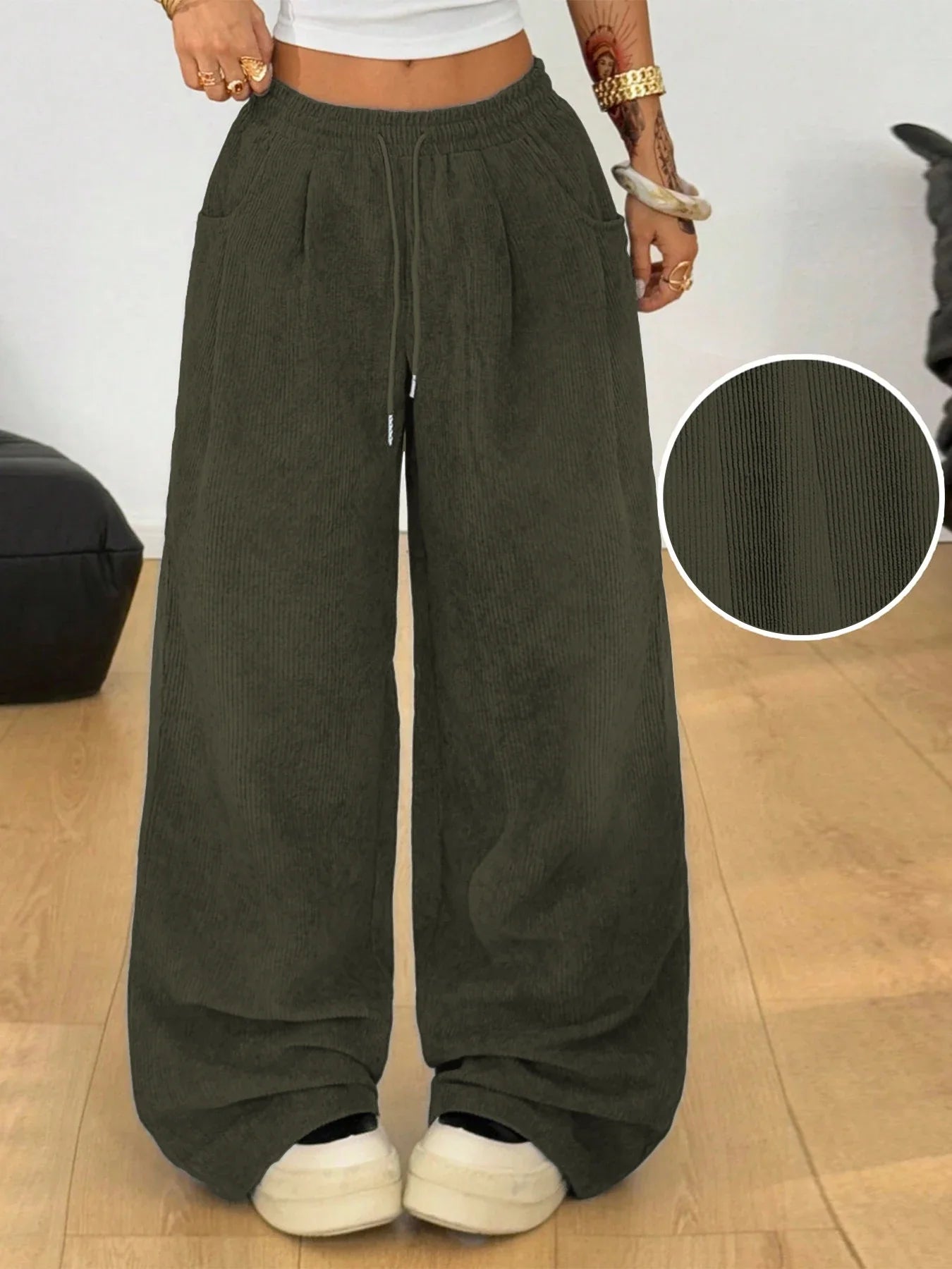 Retro Corduroy Cargo Pants Casual Drawstring Straight Sports Pants Drape Daily Commuting Wide Leg Pants