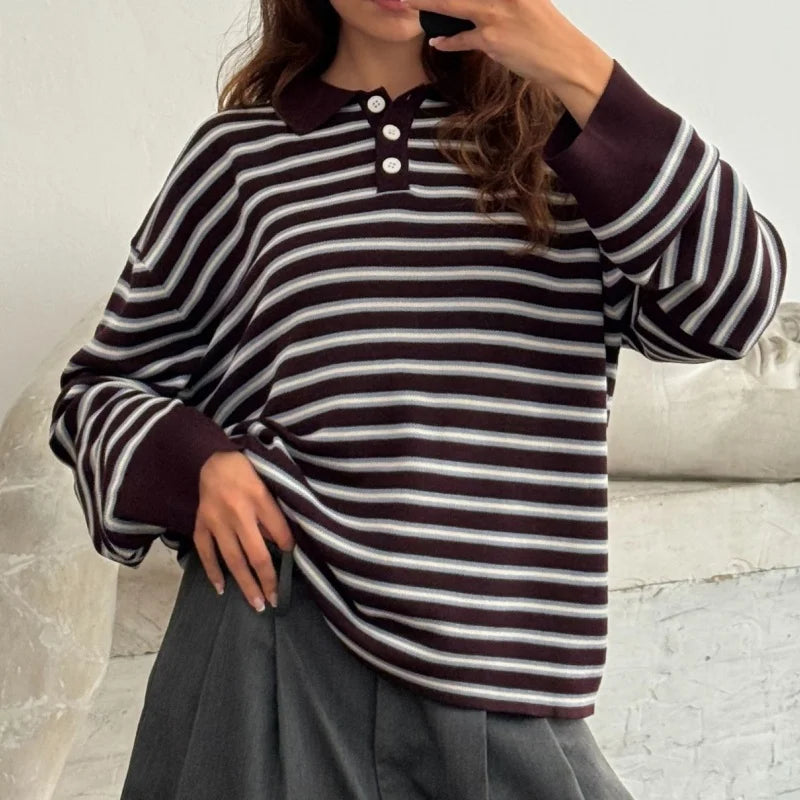 y2k Vintage Rib Knitted Striped Collared Sweater Loose Long Sleeve Pullover Knit Tops Casual Sweatirt Clothes