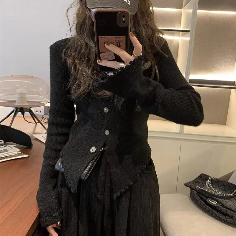 Deeptown Y2k Grey Vintage Kint Sweater Harajuku Long Sleeve Cardigan Irregular Korean Slim Jerseys Casual