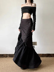 Y2k Spicy Girl Skirts Solid Color Lace Patchwork Draw String Irregular Long Skirt Harajuku Design Streetwear Clothing