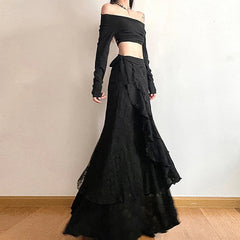 Y2K Black Long Skirt Harajuku Gothic Lace Asymmetrical Maxi Skirts Korean Ruffles Patchwork Bandage Design Faldas