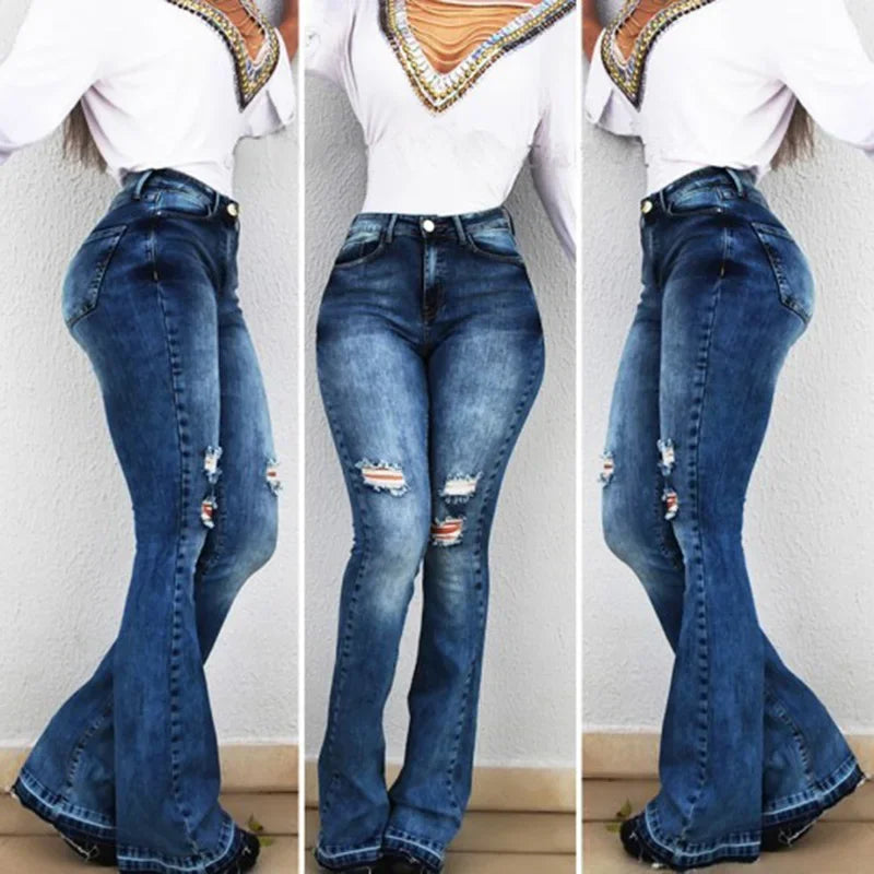 Slim Fit Denim Pants Bell Bottom High Waist Bootleg Jeans Stretch Flare Trouser Wide Leg Ripped Trousers