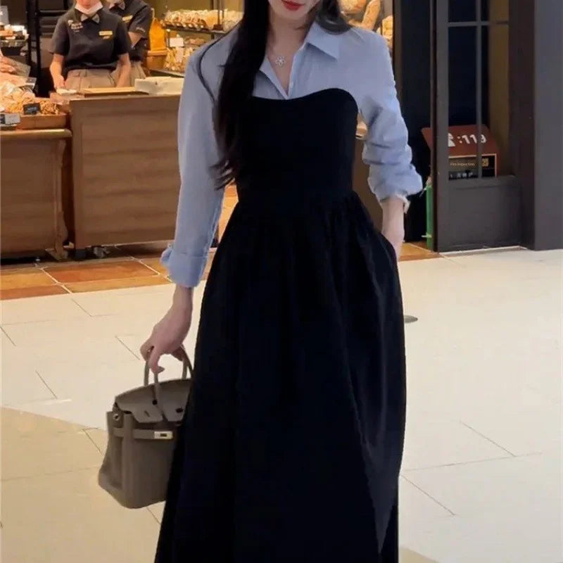 Arrival Two-piece Illusionshirt Black Long Sleeve Dress High-end Feel Matching Set