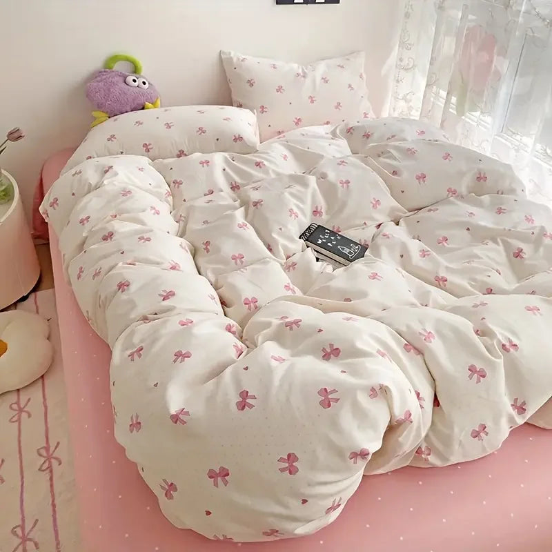 3pcs Pink Bow Duvet Cover Set with 2 Pillowcases, Cozy