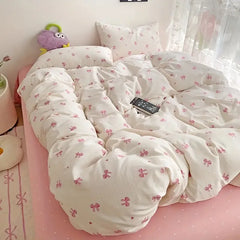 3pcs Pink Bow Duvet Cover Set with 2 Pillowcases, Cozy