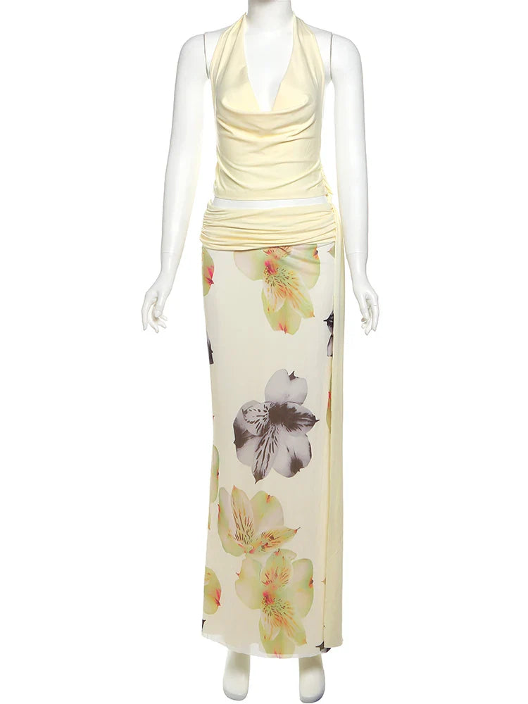 Weird Puss Elegant 3 Piece Set Stack Trend Halter Tops+Split Tassel Tassel+Flowers Mesh Skirts Matching Vacation Clubwear