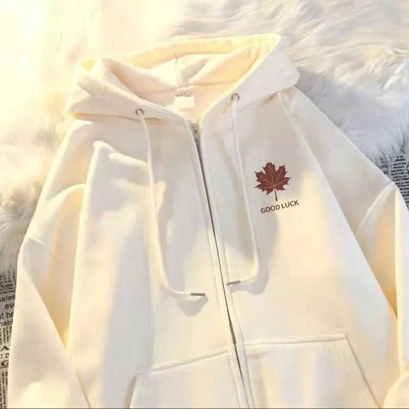 Style Maple Leaf Print Unisex Oversized Versatile Zipper Casual Outerwear Polyester Comfortable Leisure Coat