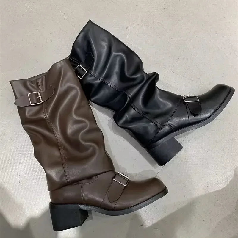 Boots Knee High Platform Chunky Heels Trend Punk Gothic Rock Leather Shoes Motorcycle Footwear Q221