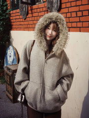 American Vintage Long Sleeve Hoodie Harajuku Casual Striped Sweatshirt Zipper Streetwear Faux Fur Sweet