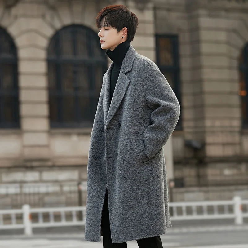Fall Double Faced Wool Overcoat Loose Collar High End Outerwear Mid Long Length Coat Blends