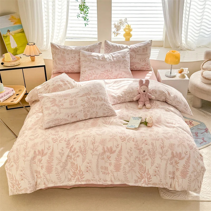Bonenjoy Pink Flower Duvet Cover Sets Washed Polyester Super Soft Bed Cover Sets Single/Queen/King Quilt Cover with Pillowcase