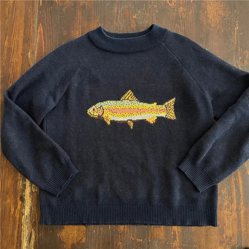 Y2K Contrast Fish Sweater Long Sleeve Crew Neck Ribbed Knit Pullover Sweaters Casual Knitwear Tops