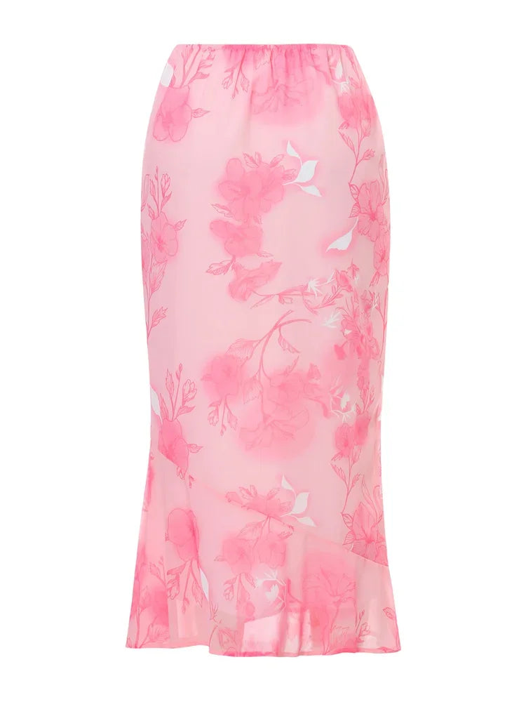 Floral Long Skirts Low Waist Chiffon Flowy Straight Skirt Fall Bohemian Casual Retro Skirts