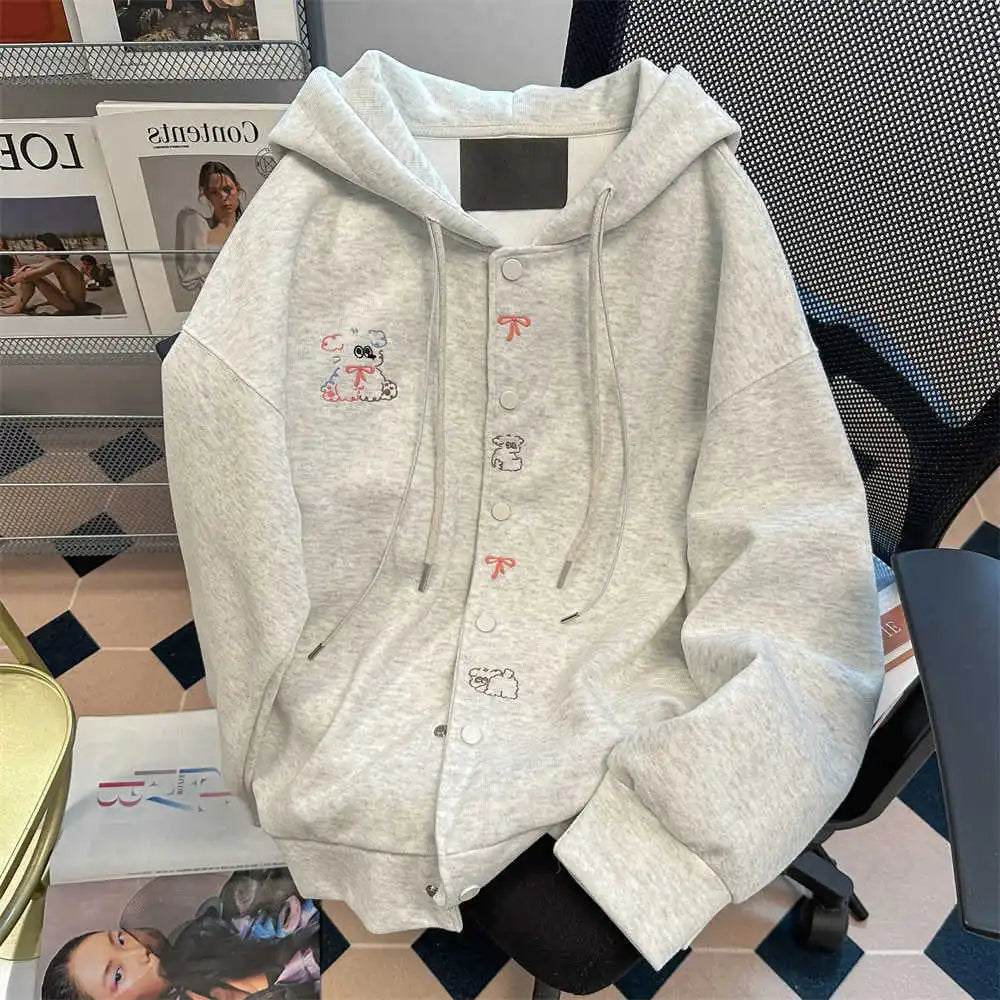 Vintage Cute Dog Print Sweatshirt Open Cardigan Loose College Style Casual Match Hat Hoodie Jacket