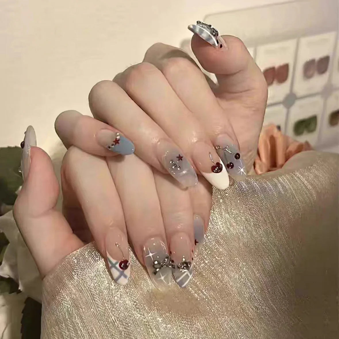 10Pcs Handmade Press on Nails French Almond Full Cover Cherries