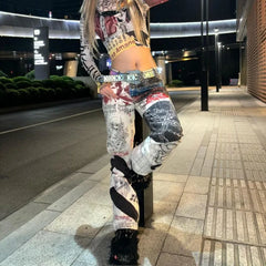 Y2K High Street Retro Graffiti Printed Baggy Jeans Streetwear Hip Hop Loose Japanese Millennium Casual Straight Jeans