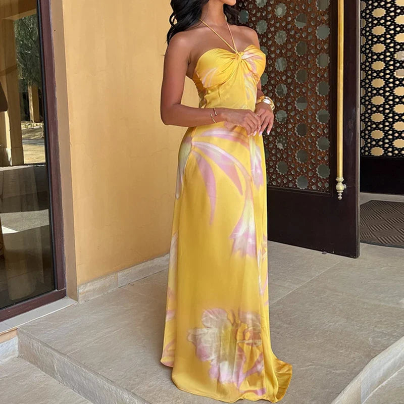 Yellow Printed Halter Satin Dress Hollow Off Shoulder Bohemian Dress Sleeveless Slim Party Long Dresses
