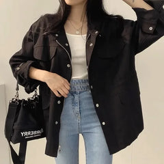 Retro Korean Chic Utility Jacket Waist Cinching Drawstring Slimming Coat Fake Pocket Design Elegant Style