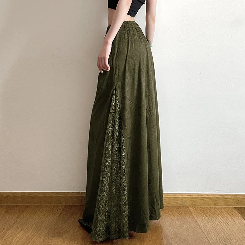 Vintage Suede Nap Lace Patchwork Hem Zip Long Skirt Cyber Y2K Chic Drawstring Pocket A-line Skirts Lady Grunge Streetwear