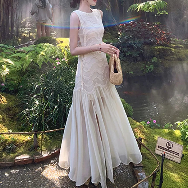 White Sleeveless Waist Skirt High End Dress Temperament Light Luxury Skirt