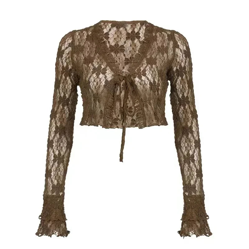 Y2k American Girl Three Piece Skirt Suit Lace Maillard Color High Street Design Cardigan Suspender Versatile