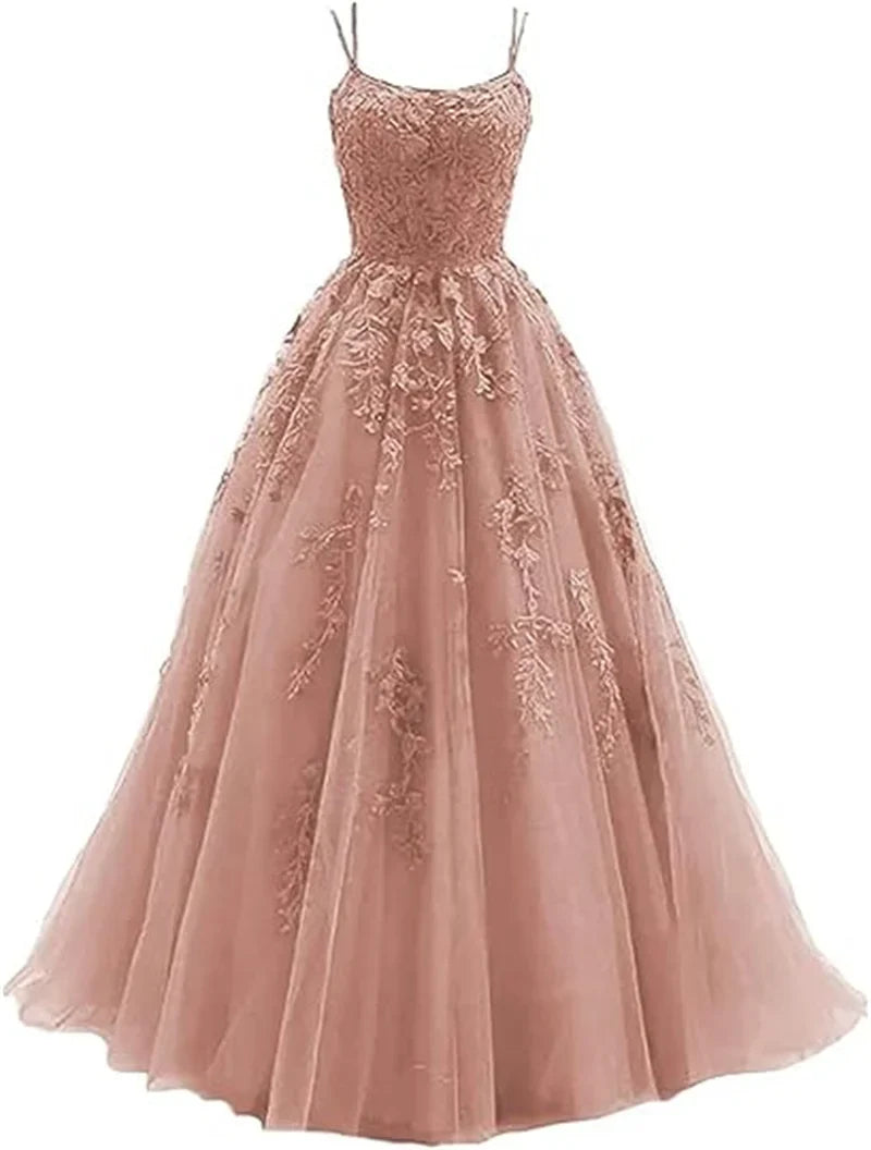 Tulle Spaghetti Straps Prom Dresses Long Lace Appliques Ball Gowns
