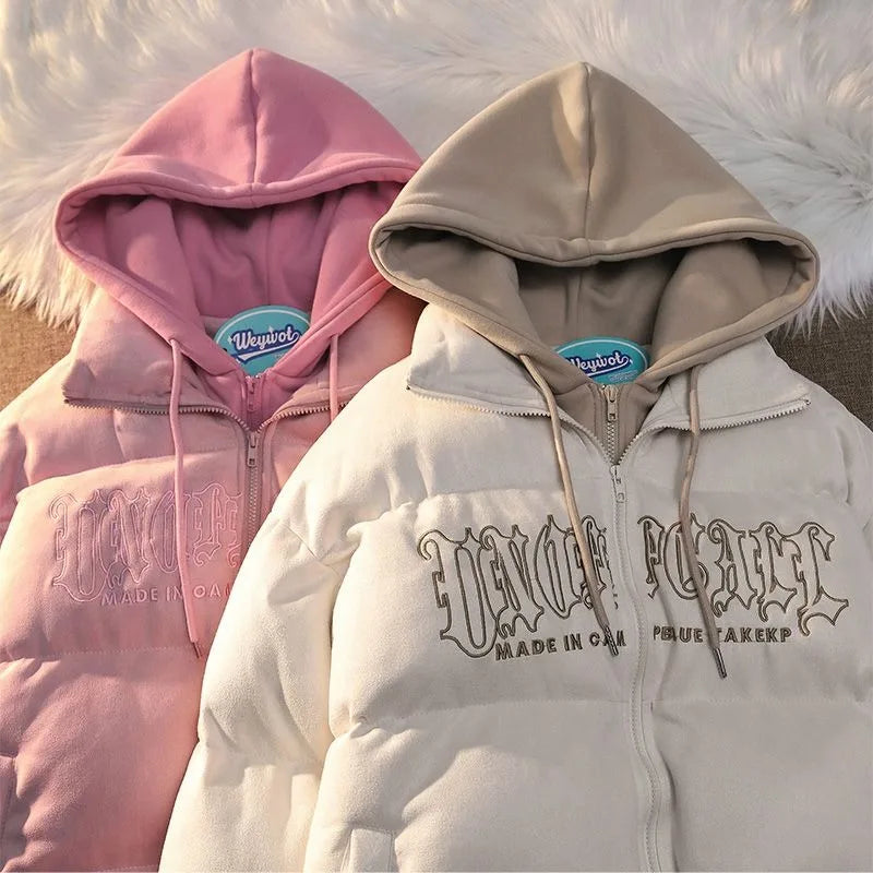 American Niche Ins Fake Two-piece Hooded Bread Coat Y2K Street Loose Retro Couple Coat Tide