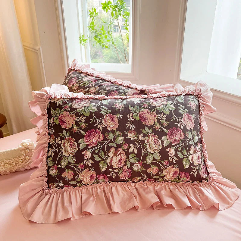 1 Piece Ins Romantic Pillowcase Princess Ruffle Pillow Cover Cotton Cloth Print Pillow Case Floral Design Cushion Covers
