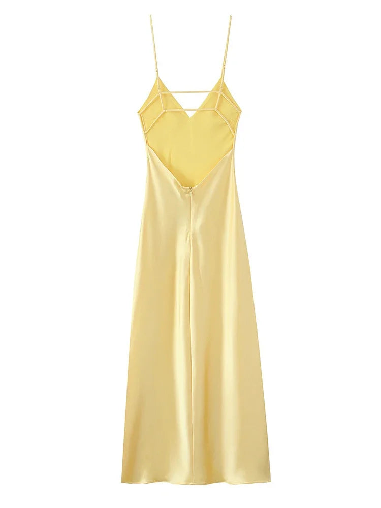 Yellow Elegant Stain Sling Dress Backless Sleeveless V Neck High Waist Evening Gown Chic Lady Partywear
