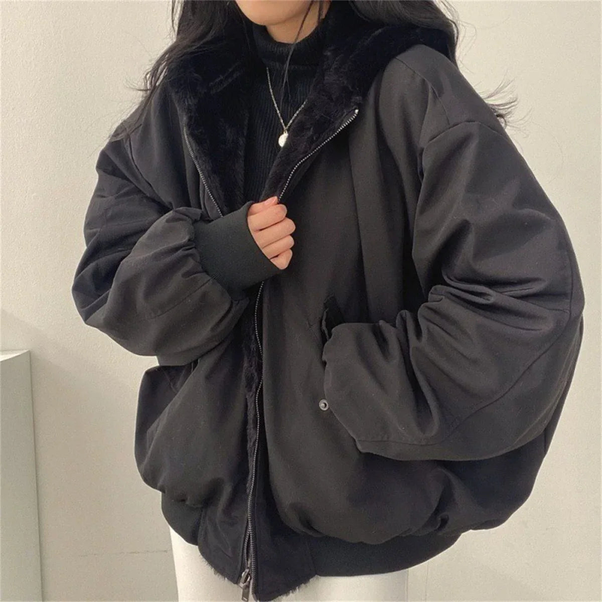 Both Sides Thicken Coat Zipper Hooded Jacket Oversized Elegant Solid Warm Coats Casual Ladies Outerwear