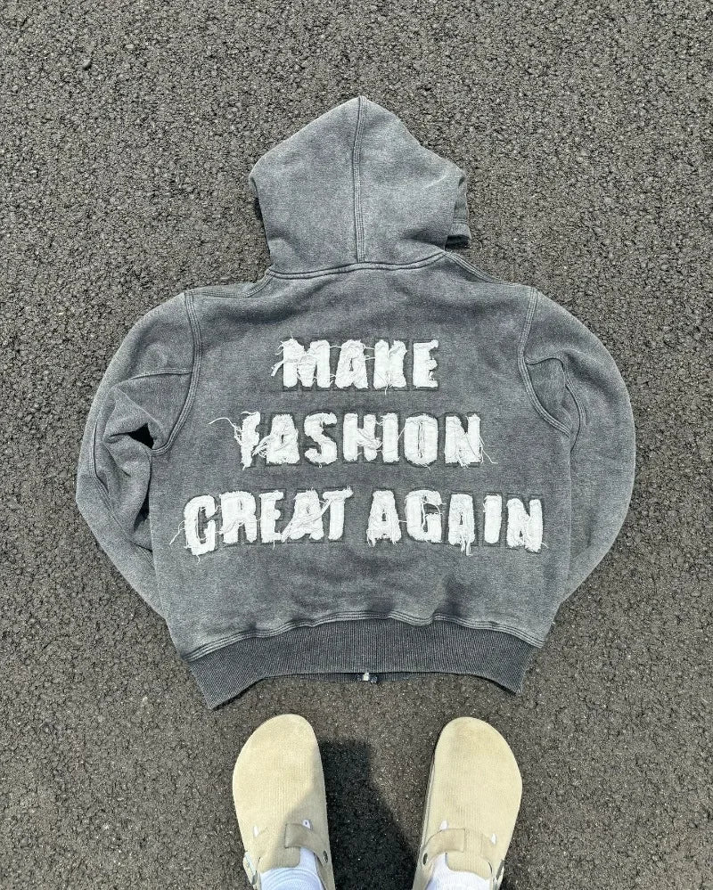 Gothic Oversized Letter Embroidered Patch Zipper Hoodie Y2K Harajuku Vintage Hip Hop Casual Couple Sweatshirt
