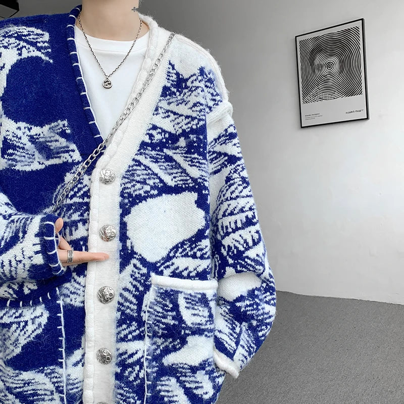 Printed Sweater Coat Top quality V Neck Knitted Cardigan Lazy Chic Elegant Sweater High Street Hip Hop Oversized