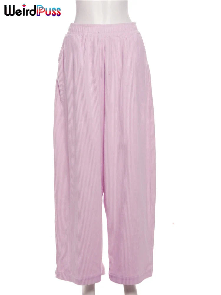 Weird Puss Y2K Casual Wide-Leg Pants Loose Simple Basic Pocket High Waist Trousers Corduroy Streetwear Long Bottoms
