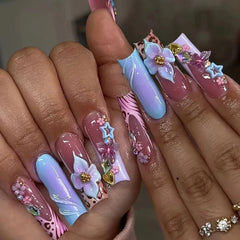 24pcs Rhinestones Full Cover Nail Art Datachable Glitter French Press on Nails Tip Flower Long Square Fake Nail Pink False Nails