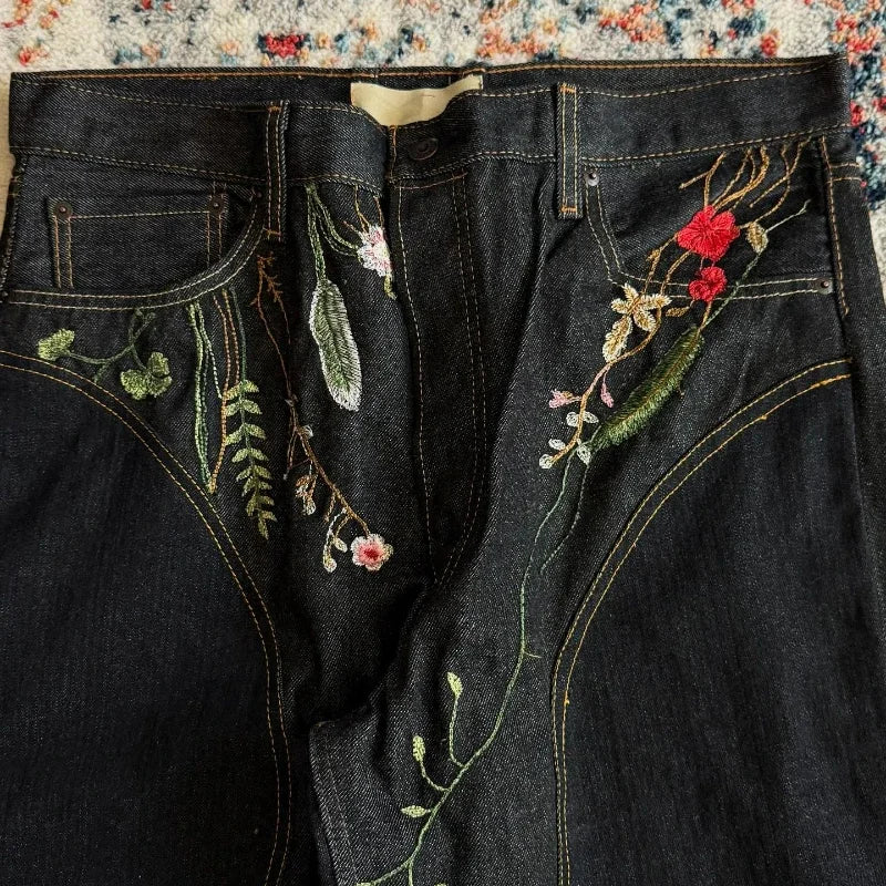 Y2K Baggy Jeans vintage splicing Floral Seams Embroidery Streamlined Jeans 2000s Harajuku goth Hip Hop wide leg jeans